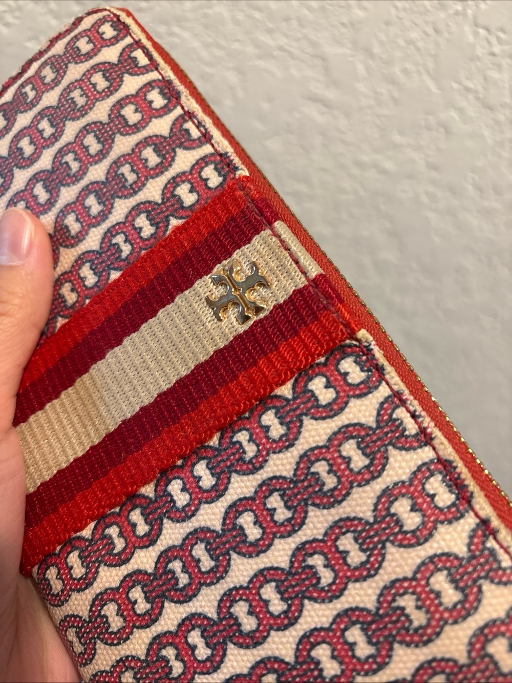 Tory Burch Striped Pattern Zip Wallet - Red & Cream - Picture 12 of 15